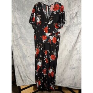 Torrid Womens Black Red Floral V-Neck Wide‎ Leg Jumpsuit Plus Size 2 Pockets 2X